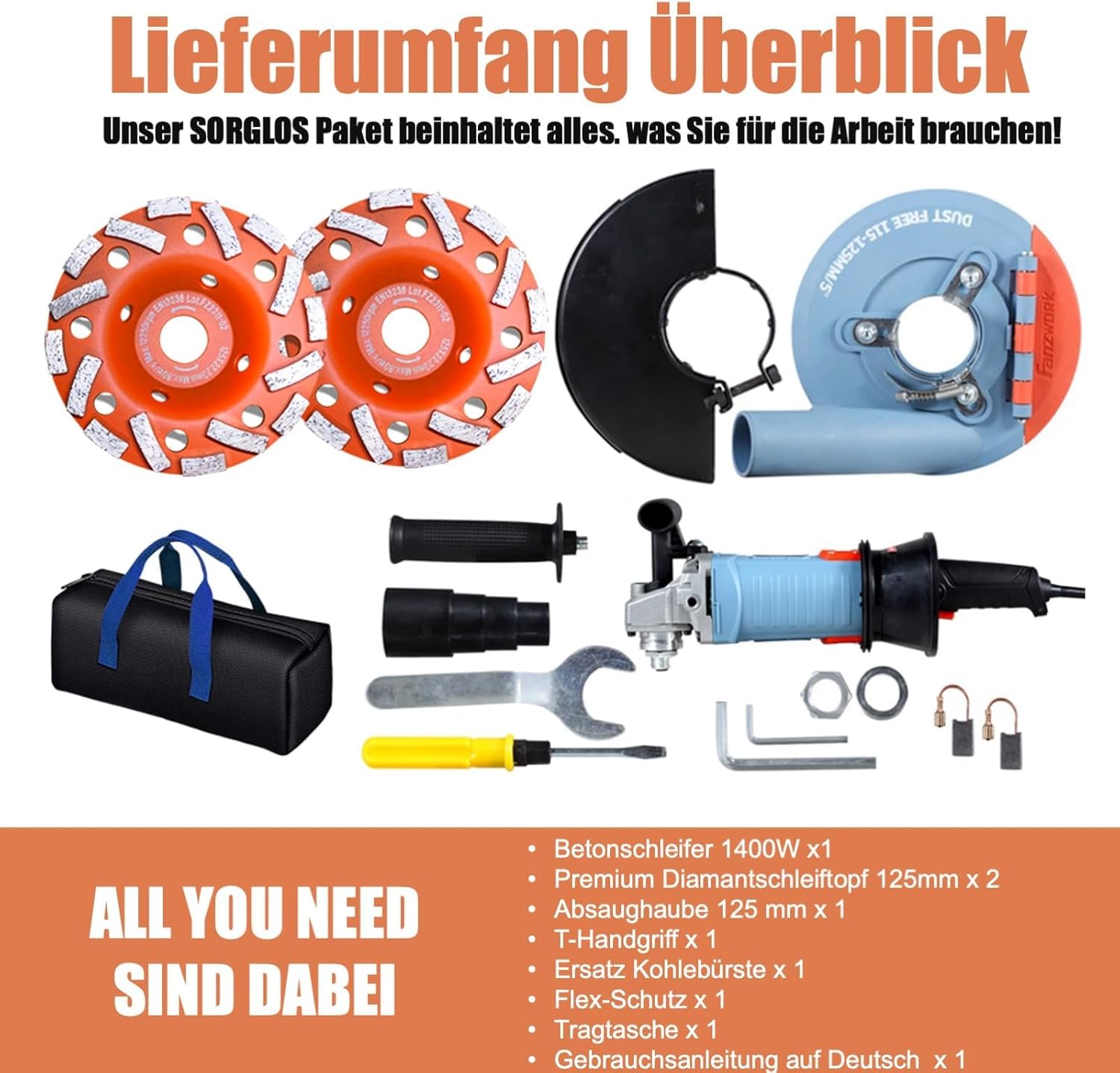 FANZWORK 1500W Betonschleifer Betonfräse Set, Drehzahlregelbar, inkl. Premium 125mm Diamantschleiftopf, Absaughaube - Fanztool