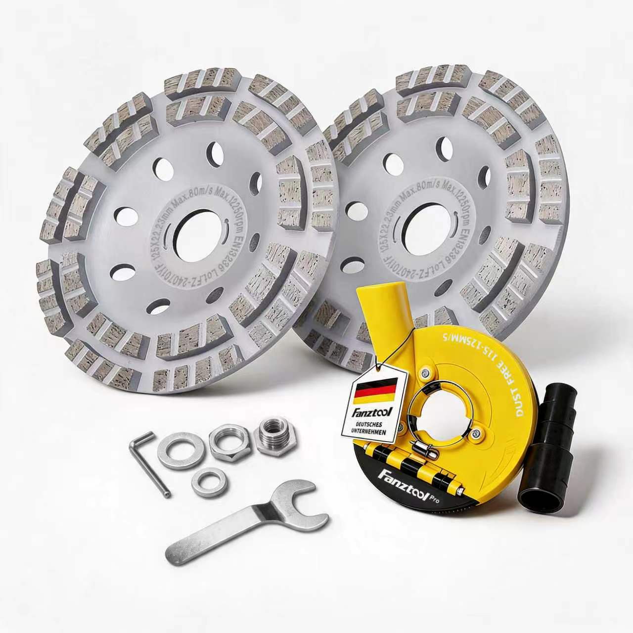 Gebraucht - #6 FANZTOOL Diamantschleiftopf 2 * 125 mm mit universal Absaughaube Staubsaugung für Winkelschleifer Betonschleifer - Fanztool