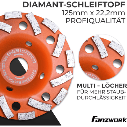 FANZWORK Absaughaube für Winkelschleifer inkl. 2x125 mm Diamantschleiftopf PROFI QUALITÄT #8 - Fanztool