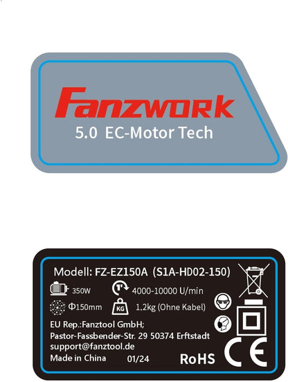 As good as new - 49E FANZWORK eccentric sander with 5 mm sanding stroke and 125/150 mm Velcro sanding pad. 350W brushless EC motor, including carrying case.