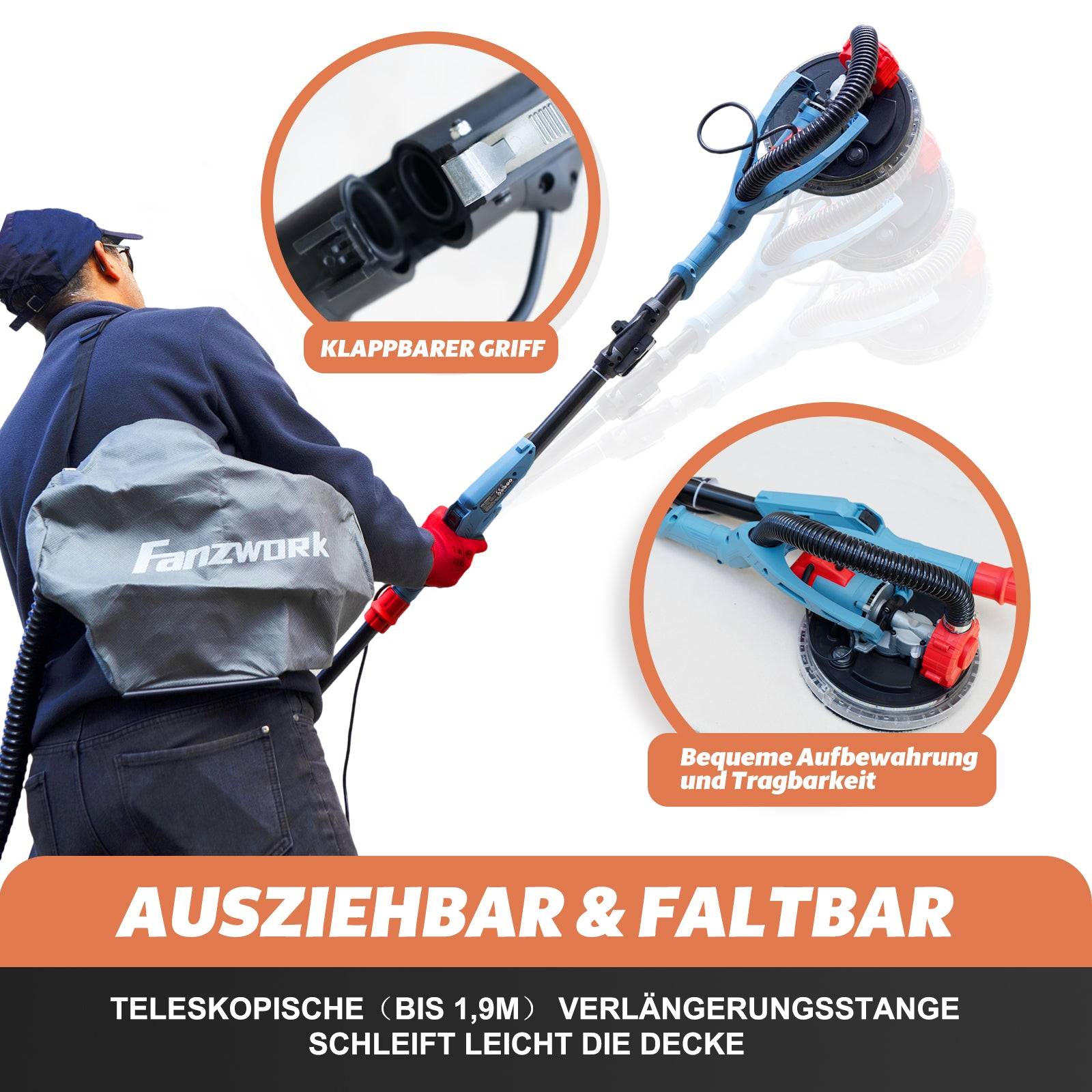 Neuwertig - FANZTOOL 750 Watt Trockenbauschleifer mit intrigiertem Staubsauger Giraffe Deckenschleifer – LED, 4kg