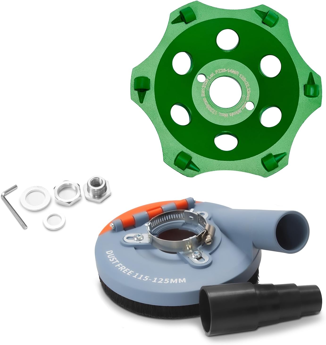 FANZWORK Absaughaube für Winkelschleifer inkl. 125 mm PKD-Schleiftopf zur Kleberentfernung – PROFI QUALITÄT – Bürsten Auswechselbar – 99% Universal Passend – Verstärkter Adapterring – M14 Adapter | PKD - Fanztool