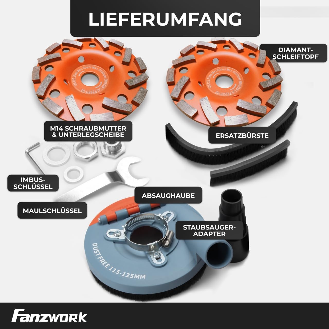 Neuwertig - #8 FANZTOOL Absaughaube für Winkelschleifer inkl. 2 x 125mm + Diamantschleiftopf Premium