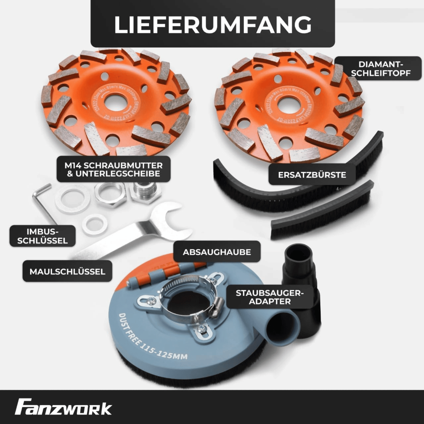 FANZWORK Absaughaube für Winkelschleifer inkl. 2x125 mm Diamantschleiftopf PROFI QUALITÄT #8 - Fanztool