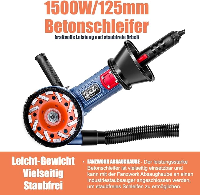 Neuwertig - FANZWORK 1500W Betonschleifer Betonfräse Set, Drehzahlregelbar, inkl. Premium 125mm Diamantschleiftopf, Absaughaube - Fanztool