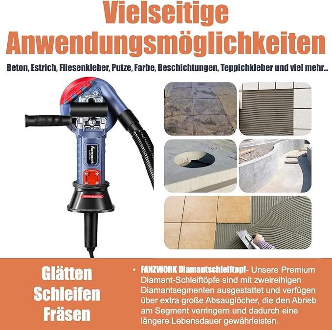 Neuwertig - FANZWORK 1500W Betonschleifer Betonfräse Set, Drehzahlregelbar, inkl. Premium 125mm Diamantschleiftopf, Absaughaube - Fanztool