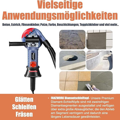 Neuwertig - FANZWORK 1500W Betonschleifer Betonfräse Set, Drehzahlregelbar, inkl. Premium 125mm Diamantschleiftopf, Absaughaube - Fanztool