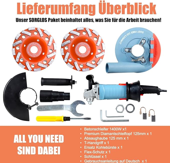 Neuwertig - FANZWORK 1500W Betonschleifer Betonfräse Set, Drehzahlregelbar, inkl. Premium 125mm Diamantschleiftopf, Absaughaube - Fanztool
