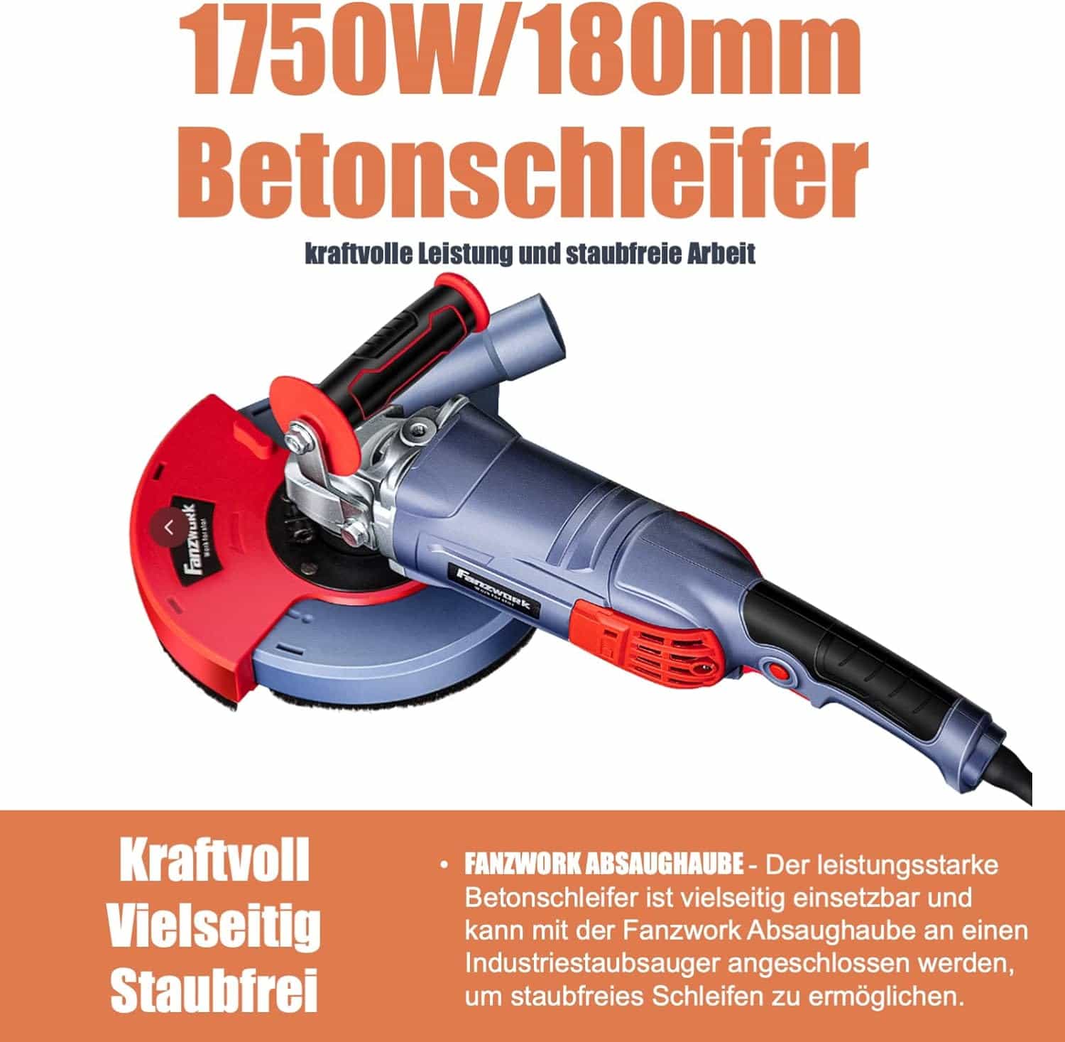 Gebraucht - FANZWORK 1750W/180mm Betonschleifer Set, 7.500 min-1 Umdrehung, inkl. Premium180mm Diamantschleiftopf - Fanztool