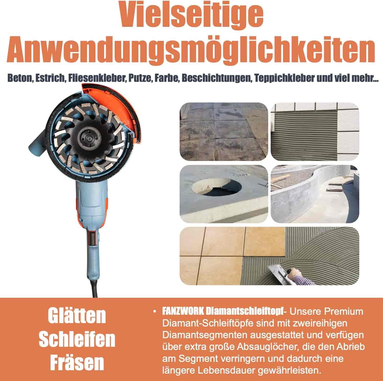 Gebraucht - FANZWORK 1750W/180mm Betonschleifer Set, 7.500 min-1 Umdrehung, inkl. Premium180mm Diamantschleiftopf - Fanztool