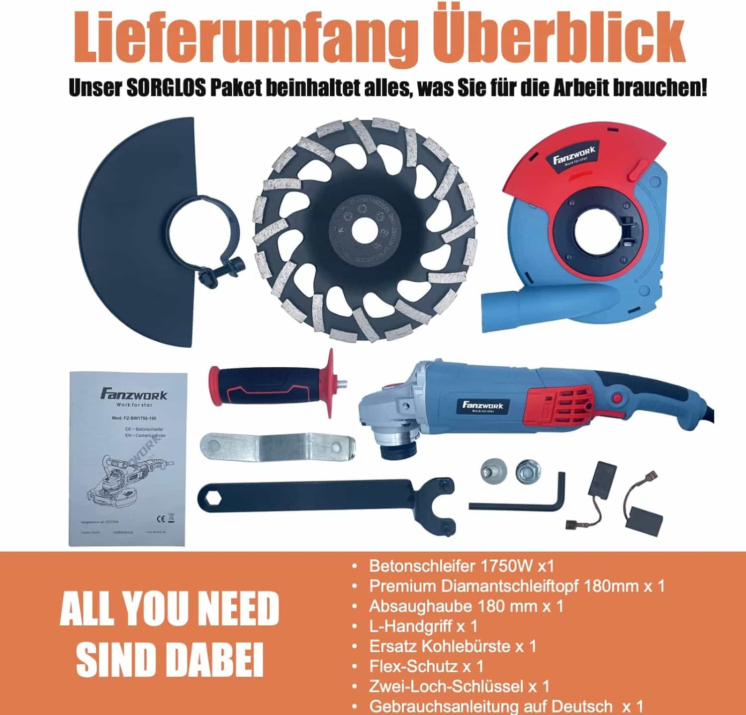 Gebraucht - FANZWORK 1750W/180mm Betonschleifer Set, 7.500 min-1 Umdrehung, inkl. Premium180mm Diamantschleiftopf - Fanztool