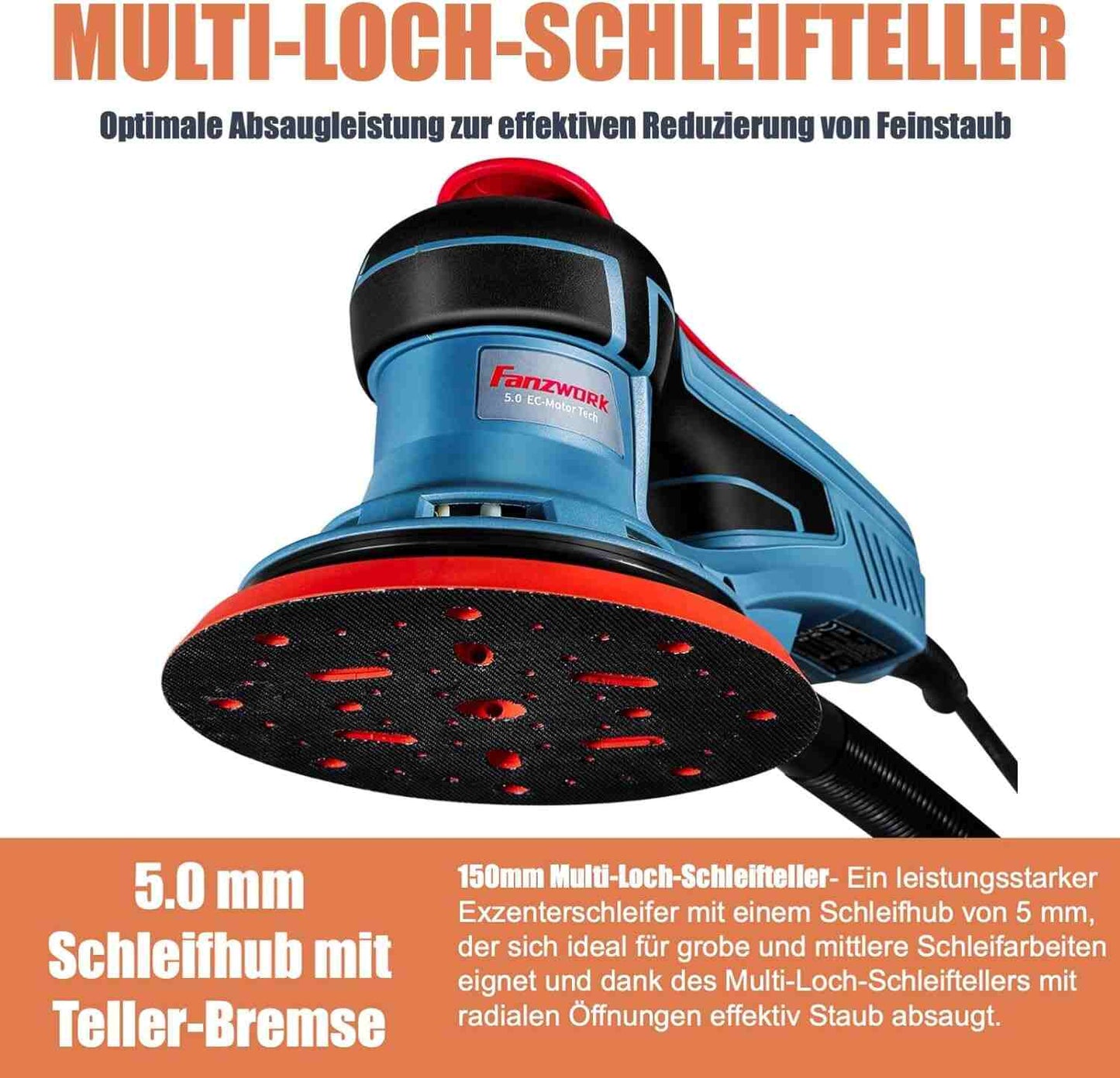 49B FANZWORK Exzenterschleifer 5mm Schleifhub mit 150mm Schleifteller Klett. 350W bürstenlosen EC-Motor, inkl. Tragkoffer