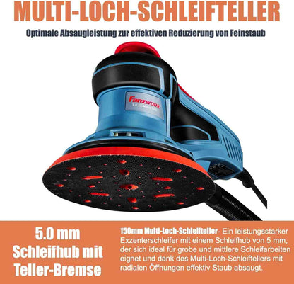 49B FANZWORK Exzenterschleifer 5mm Schleifhub mit 150mm Schleifteller Klett. 350W bürstenlosen EC-Motor, inkl. Tragkoffer