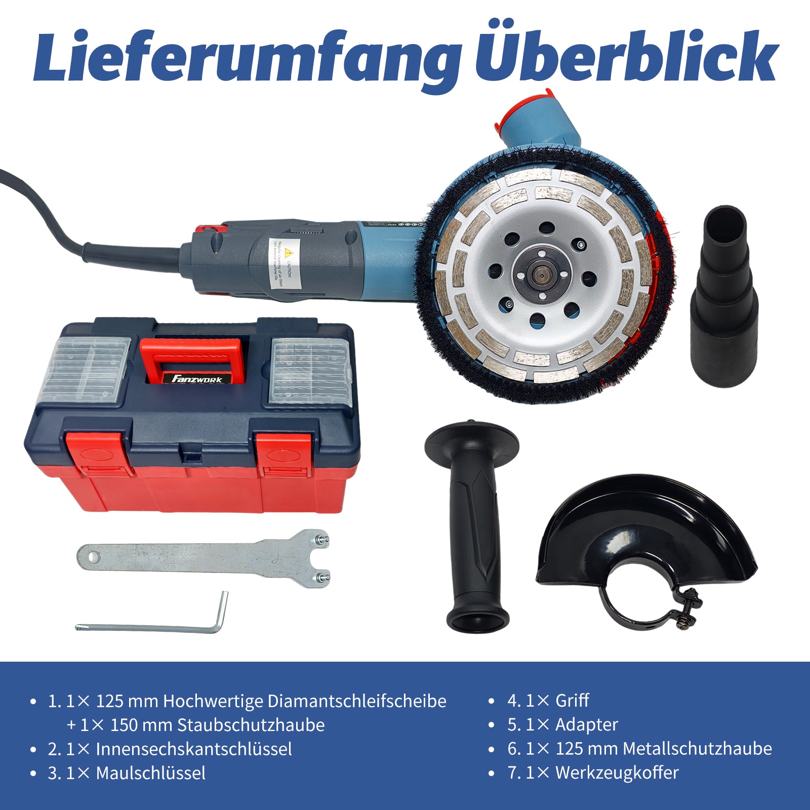 Neuwertig - FANZTOOL Betonschleifer Betonfräse Winkelschleifer Absaughaube mit 2100W bürstenlosem Motor (Diamantschleiftopf 125mm inklusiv) - Fanztool