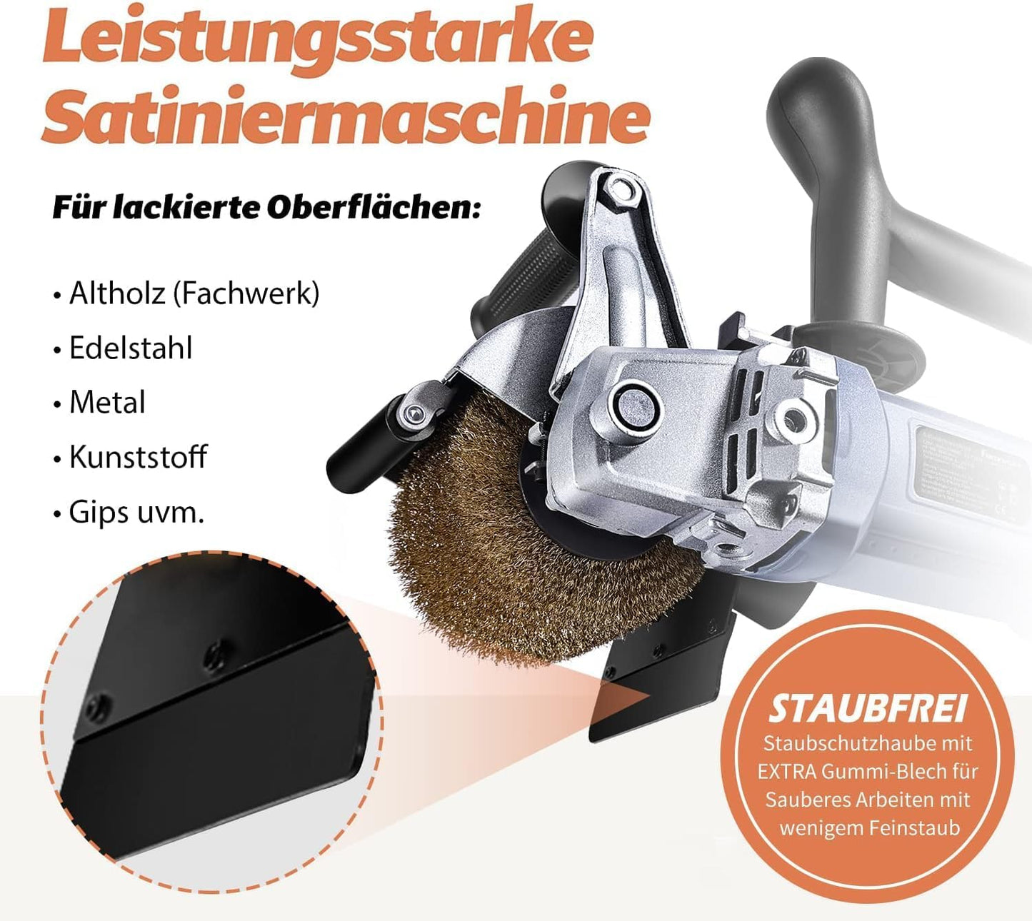 Neuwertig - 25S FANZWORK V2 1500 Watt Satiniermaschine zur Renovierung von Oberflächen aller Art, mit Staubsaugung-Anschluss, Drehzahlregelung, Kugelgriff, Messing & Nylon & Schleifpapier Bürste
