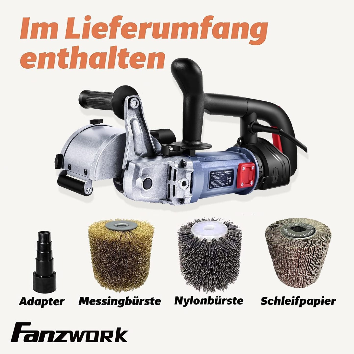 Neuwertig - 25S FANZWORK V2 1500 Watt Satiniermaschine zur Renovierung von Oberflächen aller Art, mit Staubsaugung-Anschluss, Drehzahlregelung, Kugelgriff, Messing & Nylon & Schleifpapier Bürste