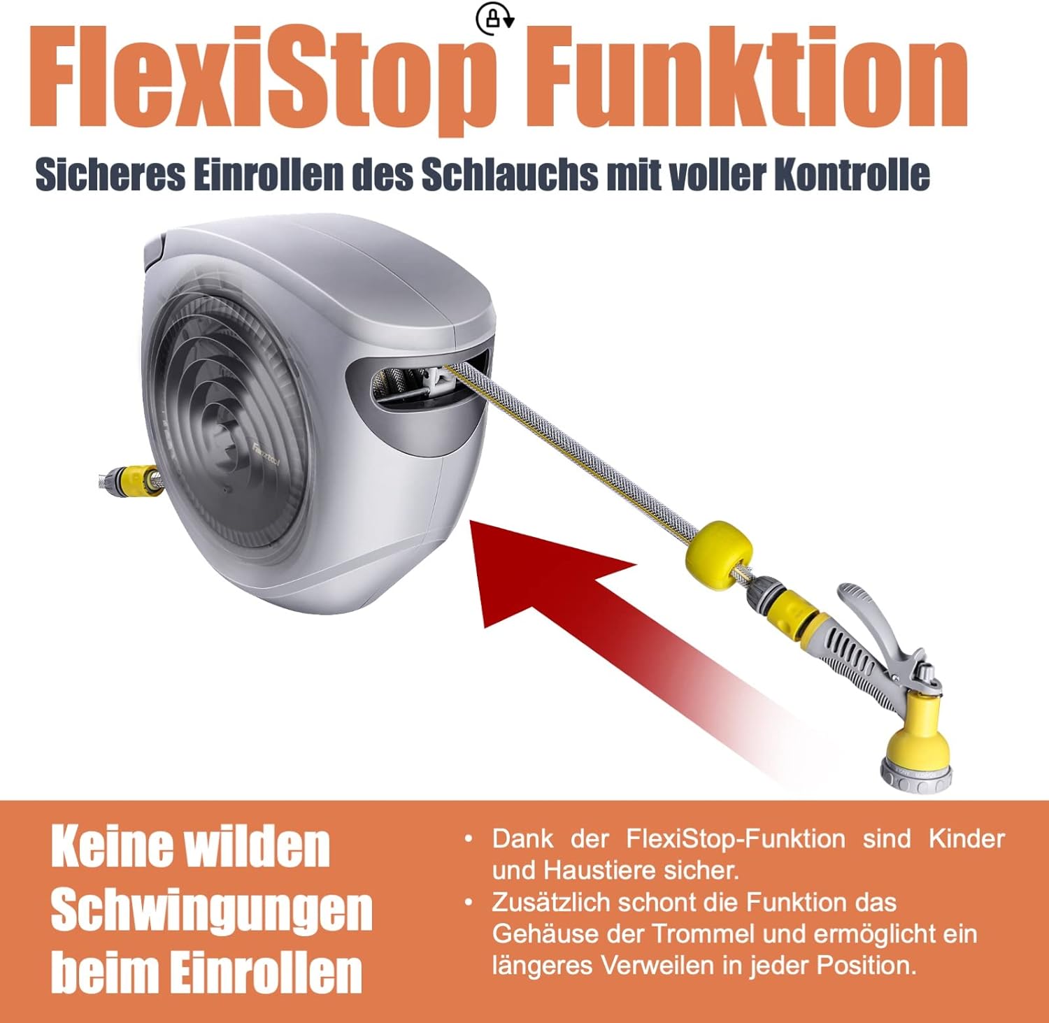 Schlauchtrommel 35m+2m 1/2" mit Wandhalterung Inkl. 8-Funktionen-Multi-Handbrause | Automatik Einrollen | 180° Schwenkbar | Gartenschlauch RoHS geprüft - Fanztool