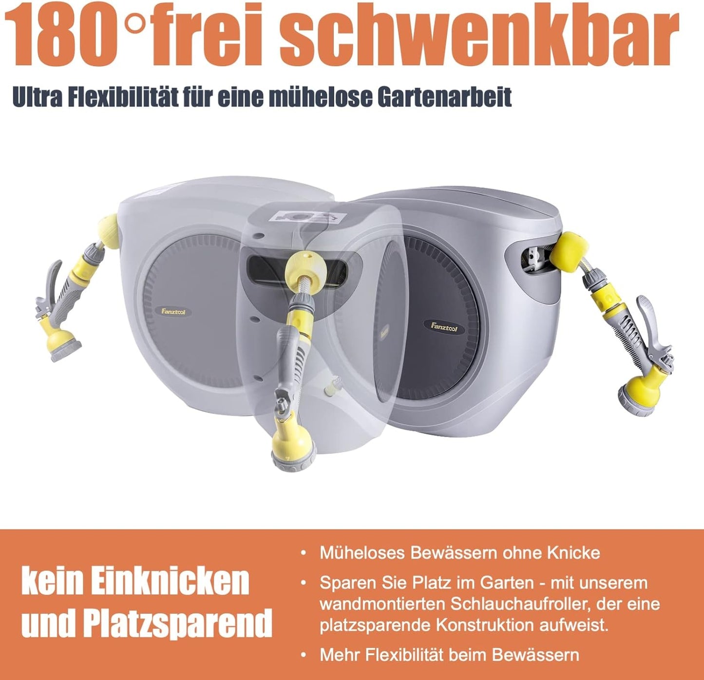 FANZTOOL 35m+2m Schlauchbox Set mit Wandhalterung Inkl. 8-Funktionen-Handbrause | Automatik Einrollen | 180° Schwenkbar | Gartenschlauch RoHS geprüft