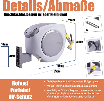 Schlauchtrommel 35m+2m 1/2" mit Wandhalterung Inkl. 8-Funktionen-Multi-Handbrause | Automatik Einrollen | 180° Schwenkbar | Gartenschlauch RoHS geprüft - Fanztool