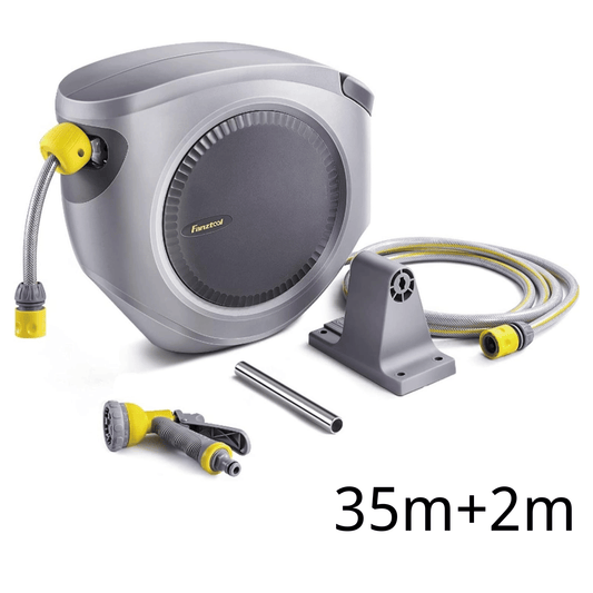 Schlauchtrommel 35m+2m 1/2" mit Wandhalterung Inkl. 8-Funktionen-Multi-Handbrause | Automatik Einrollen | 180° Schwenkbar | Gartenschlauch RoHS geprüft - Fanztool