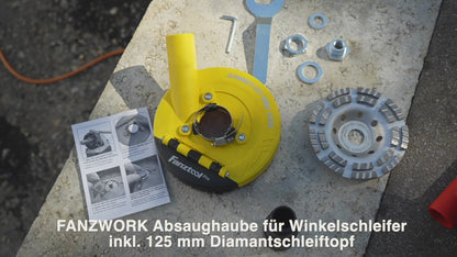 #1P NEU FANZWORK 3.Generation Absaughaube für Winkelschleifer inkl. 125 mm Diamantschleiftopf PROFI QUALITÄT – Bürsten Auswechselbar – 99% Universal passend – Verstärkter Adapterring – M14 Adapter