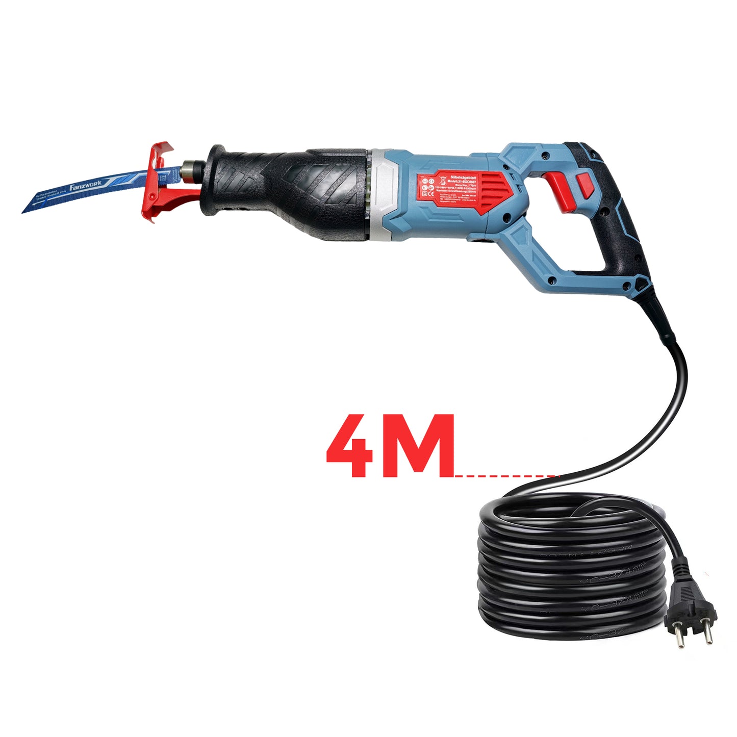 FANZWORK 1100W Säbelsäge Elektrisch – Leistungsstarke mit 0–2500 SPM, LED, inkl. Sägeblatt, mit 4 m Kabel – Für Holz, Metall & Kunststoff u.v.m – Werkzeugloser Klingenwechsel