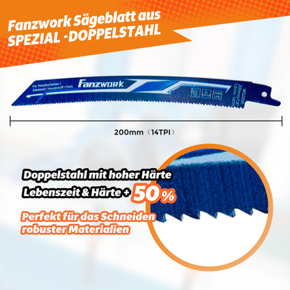 Fanzwork Bi-Metall Säbelsägeblätte 200 mm Länge, 1.8 mm Stärke, 14TPI – Lange Lebensdauer, Für Metall, Edelstahl, Kunststoff & Holz, Universelle Kompatibilität - Fanztool