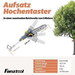 Neuwertig - FANZTOOL 20V Akku Heckenschere, Hochentaster, Rasentrimmer (3-in-1)